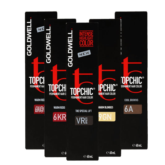 Professional salon packaging of Goldwell Topchic Permanent Hair Colour 60ml cream tube in a cool beige violet reflective tone.